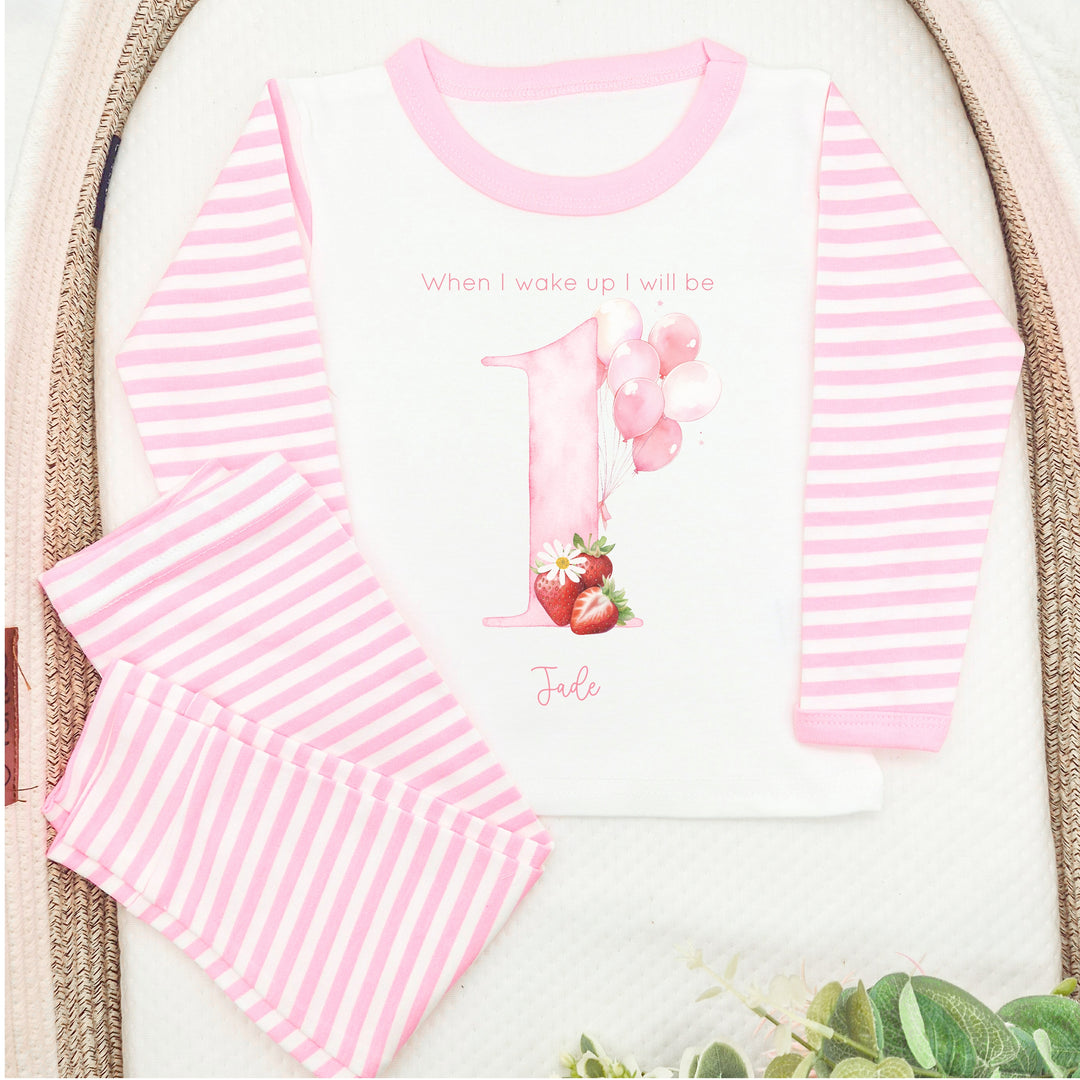 Personalised Strawberry Pink Stripe Birthday Pyjamas
