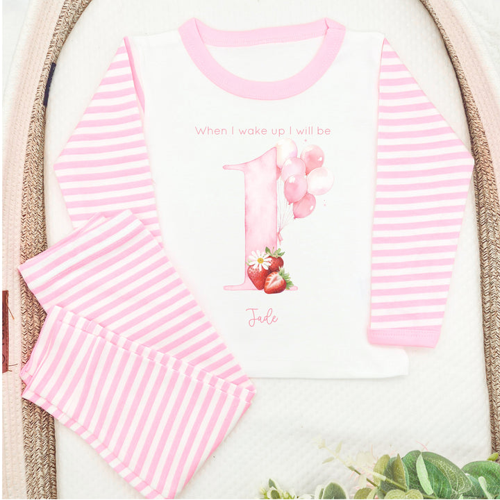 Personalised Strawberry Pink Stripe Birthday Pyjamas