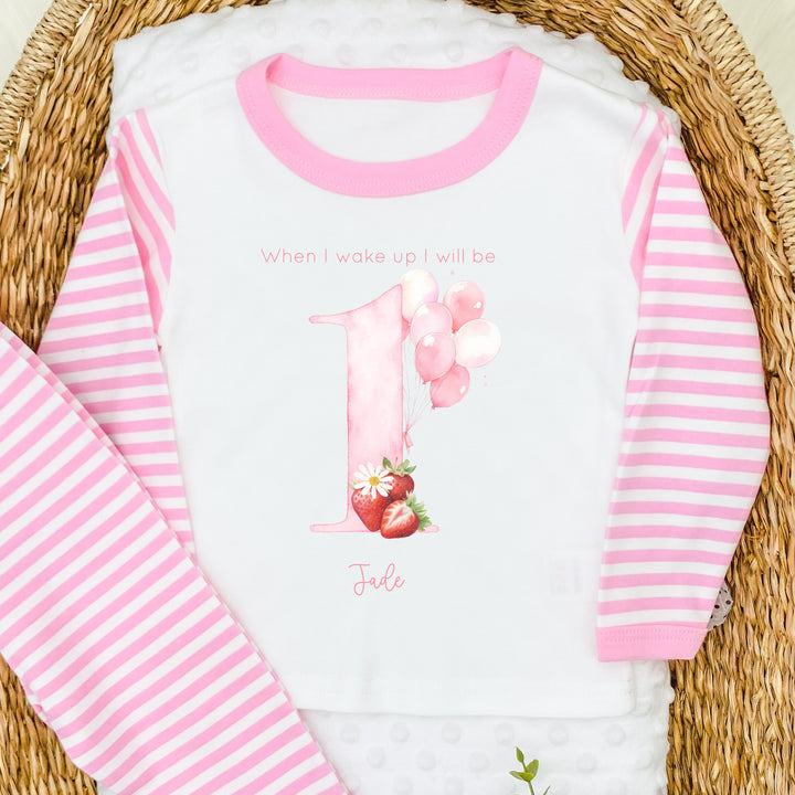 Personalised Strawberry Pink Stripe Birthday Pyjamas