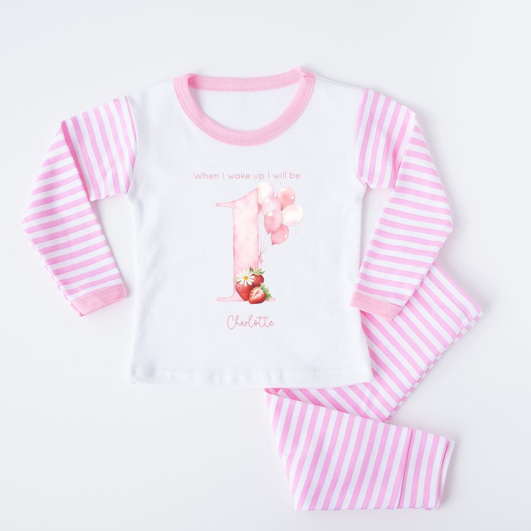 Personalised Strawberry Pink Stripe Birthday Pyjamas