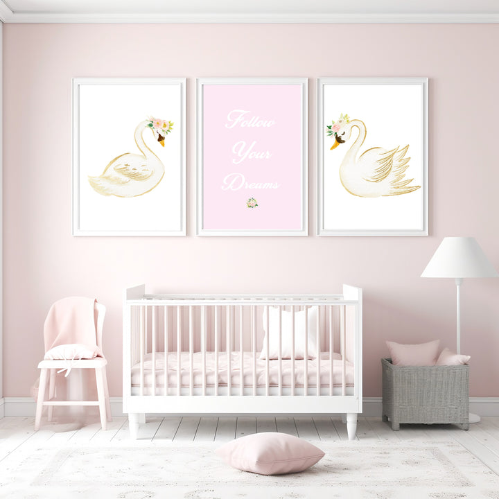 Pink Floral Swan Set of 3 Wall Art