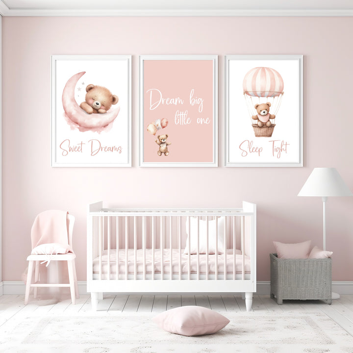 Dream Big Little One Pink Teddy Set of 3 Wall Art