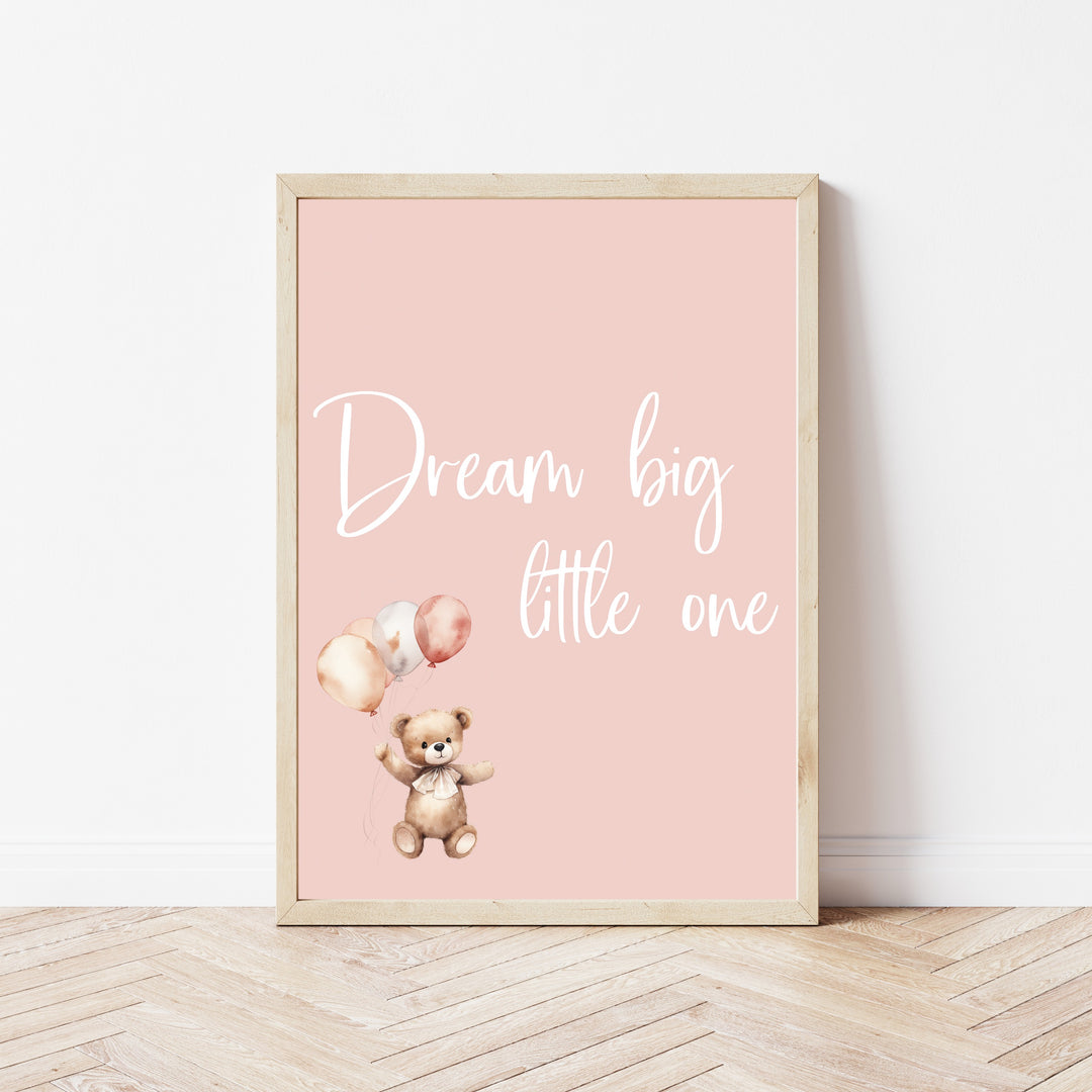 Dream Big Little One Pink Teddy Set of 3 Wall Art