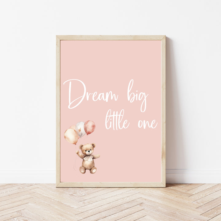 Dream Big Little One Pink Teddy Set of 3 Wall Art