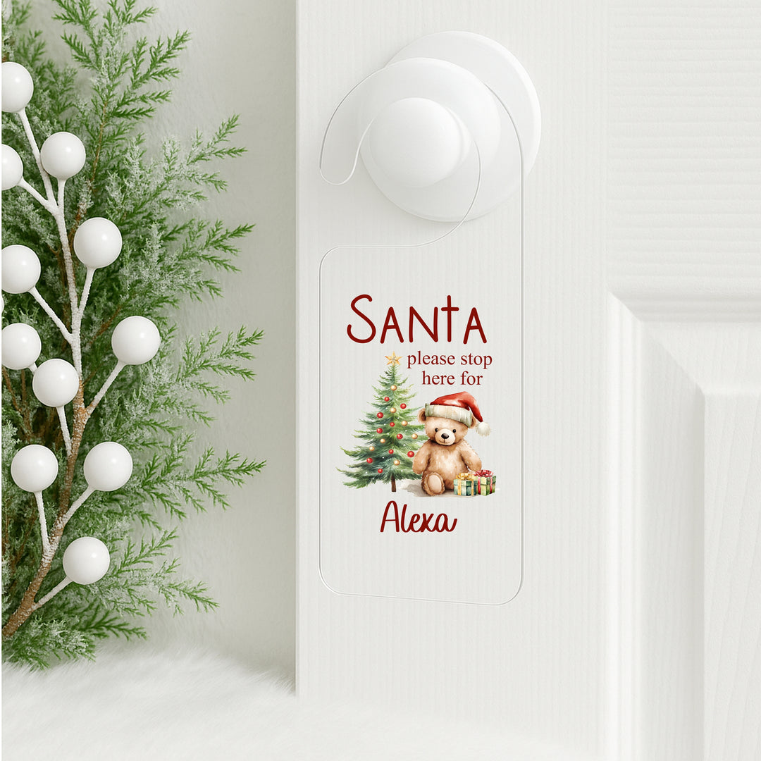 Personalised Red Teddy Santa Stop Here Door Sign