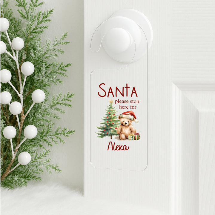 Personalised Red Teddy Santa Stop Here Door Sign