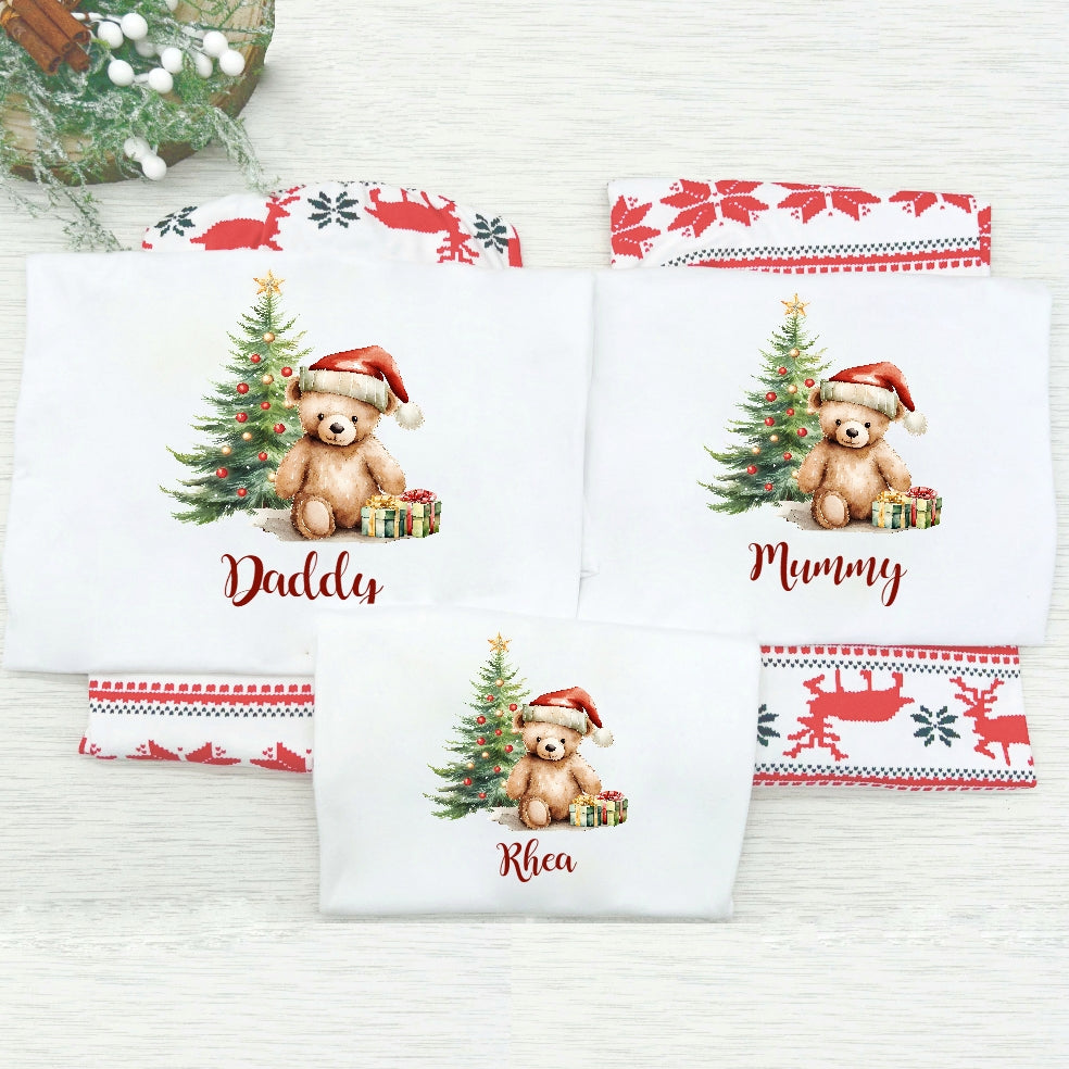 Personalised Teddy Family Matching Christmas T-shirts With Optional Trousers