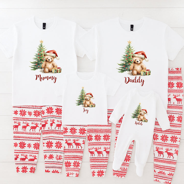 Personalised Teddy Family Matching Christmas T-shirts With Optional Trousers