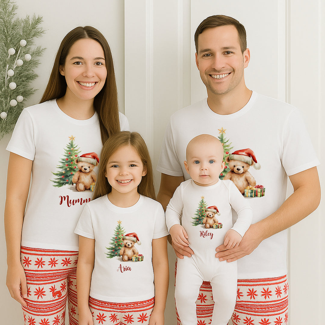 Personalised Teddy Family Matching Christmas T-shirts With Optional Trousers