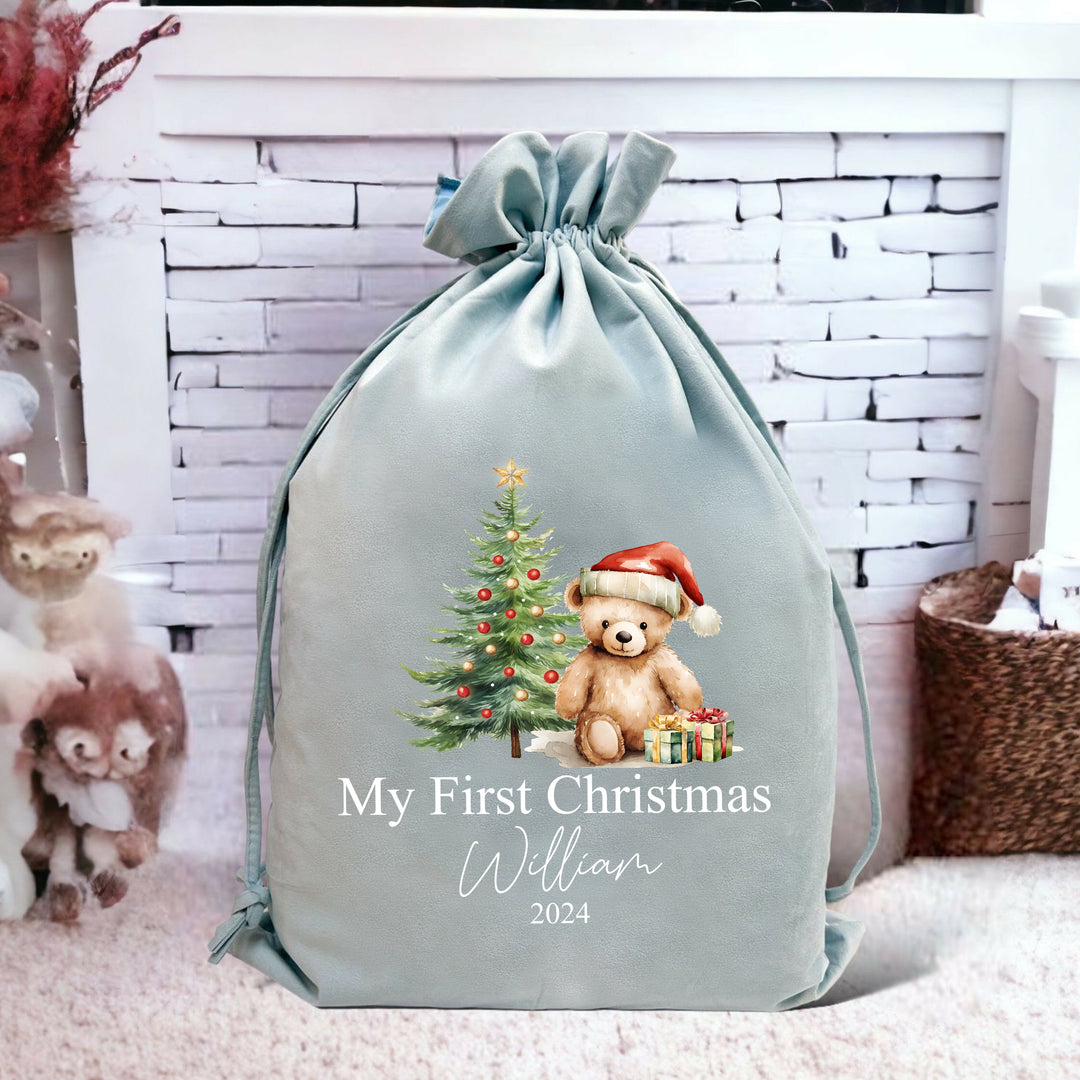 Personalised Red Teddy Christmas Stocking or Santa Sack