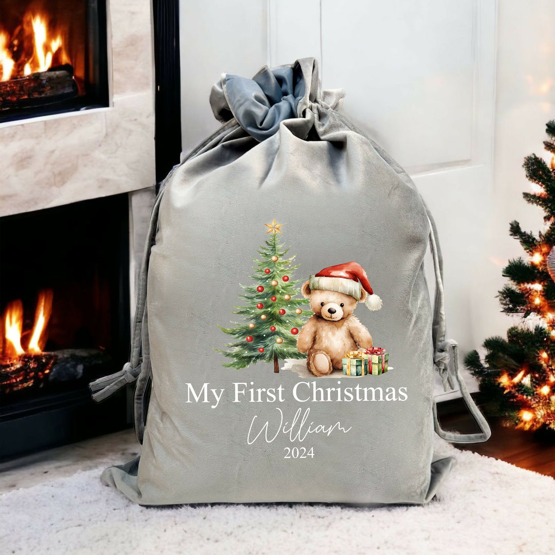 Personalised Red Teddy Christmas Stocking or Santa Sack