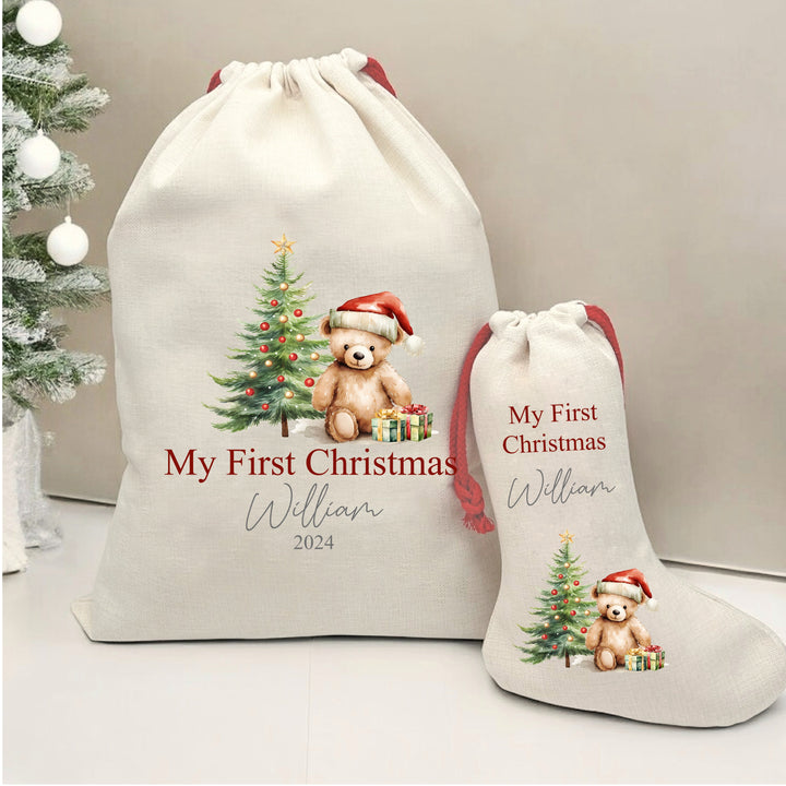 Personalised Red Teddy Santa Sack or Stocking