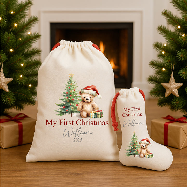 Personalised Red Teddy Santa Sack or Stocking