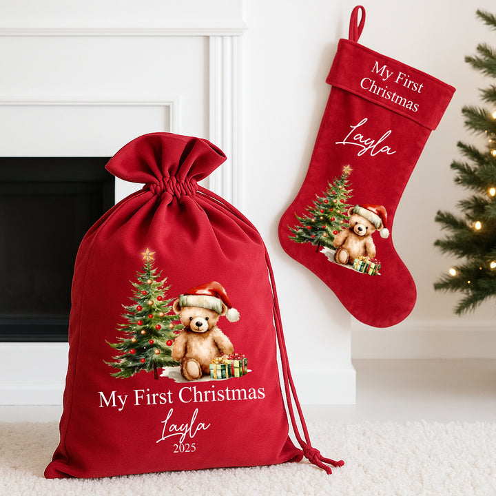 Personalised Red Teddy Christmas Stocking or Santa Sack
