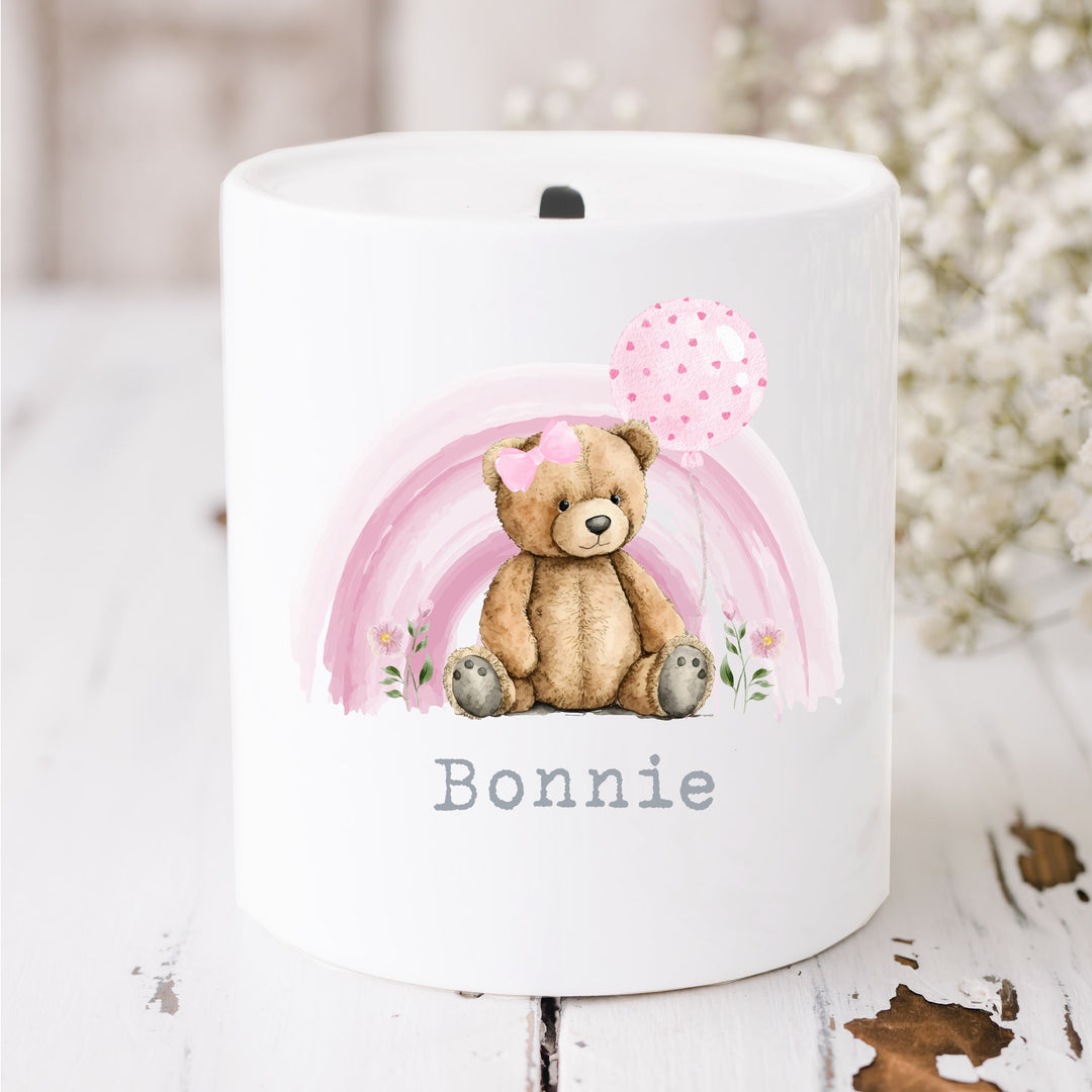 Personalised Pink Teddy Rainbow Ceramic Money Box