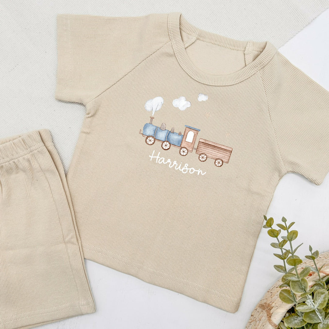 Personalised Train Ribbed Shorts Set