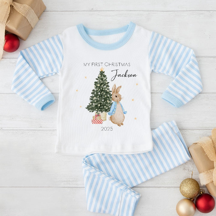 Personalised Merry Christmas Blue Rabbit Blue Stripe Pyjamas
