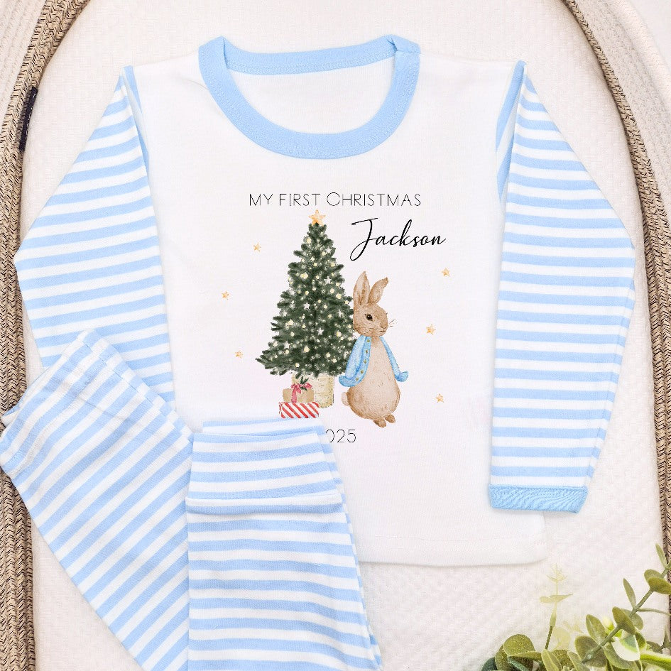Personalised Merry Christmas Blue Rabbit Blue Stripe Pyjamas