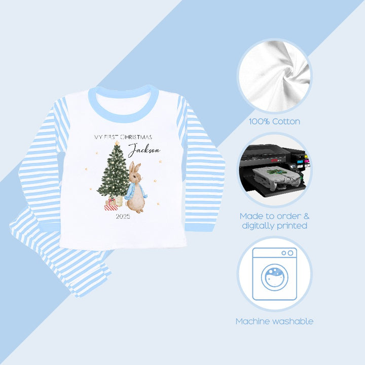Personalised Merry Christmas Blue Rabbit Blue Stripe Pyjamas