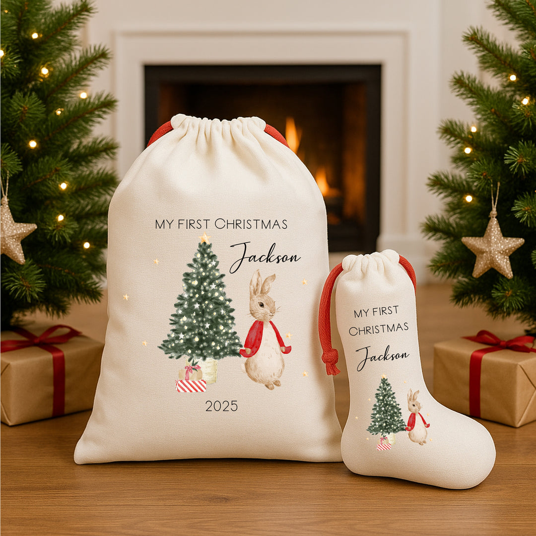 Personalised Red Christmas Rabbit Red Drawstring Sack or Stocking