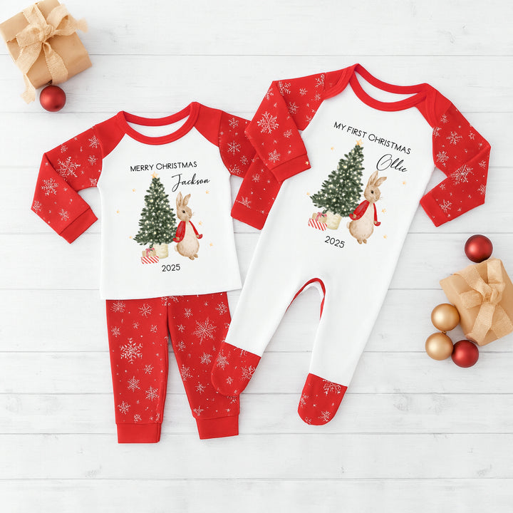 Personalised Red Rabbit Sibling Matching Christmas Snowflake Babygrow/Pyjamas
