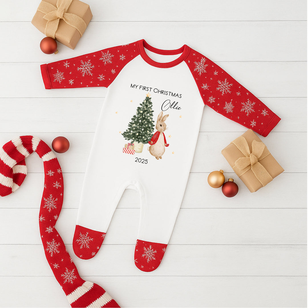Personalised Red Rabbit Sibling Matching Christmas Snowflake Babygrow/Pyjamas