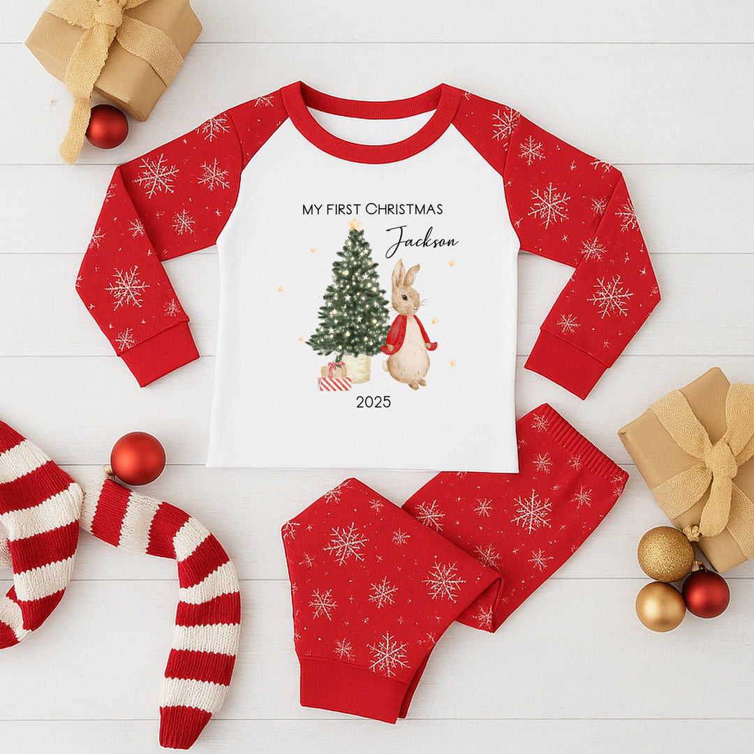 Personalised Red Rabbit Sibling Matching Christmas Snowflake Babygrow/Pyjamas