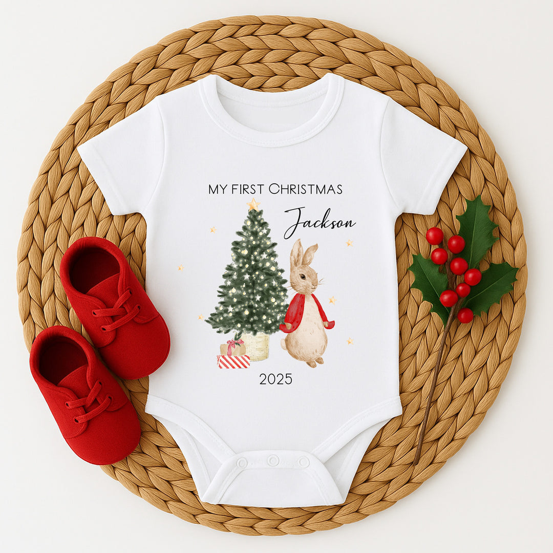 Personalised My First Christmas Red Rabbit Baby Grow/Vest/Bib