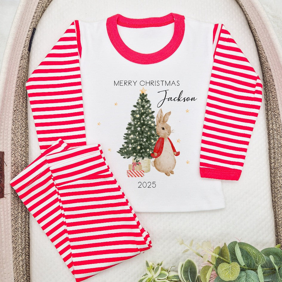 Personalised My First Christmas Red Rabbit Red Stripe Pyjamas