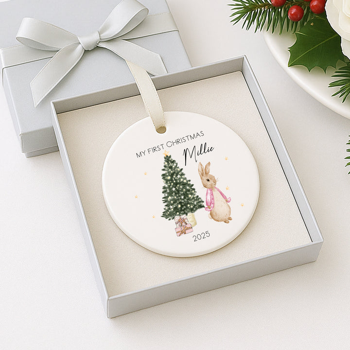 Personalised Pink Rabbit My First Christmas Bauble