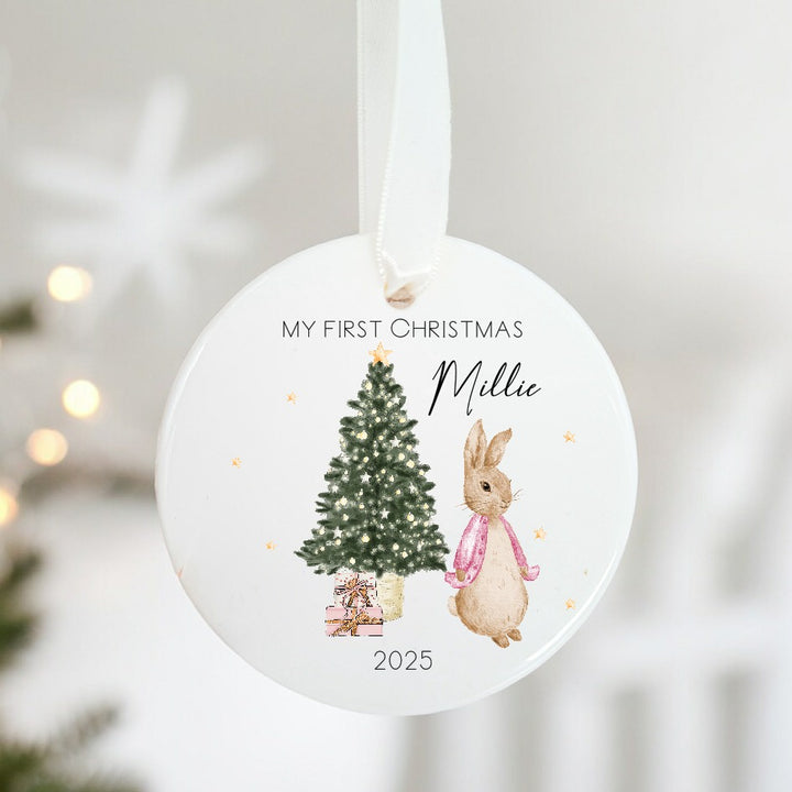 Personalised Pink Rabbit My First Christmas Bauble