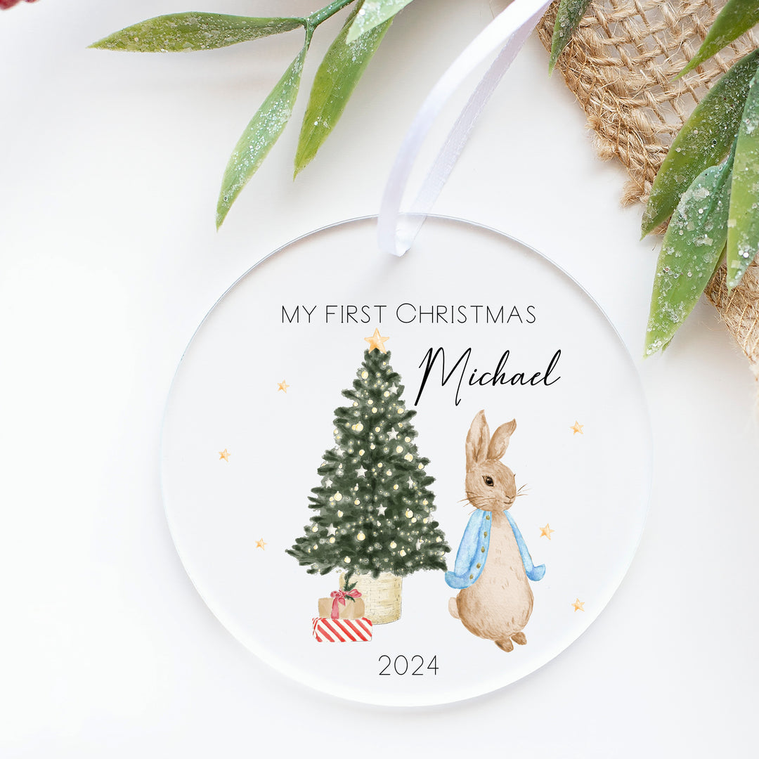 Personalised Blue Rabbit My First Christmas Acrylic Bauble