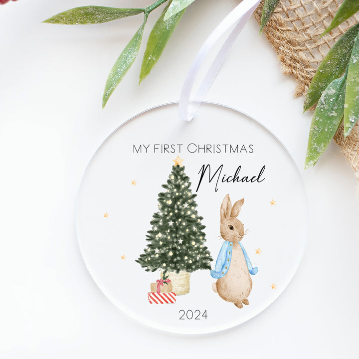 Personalised Blue Rabbit My First Christmas Acrylic Bauble