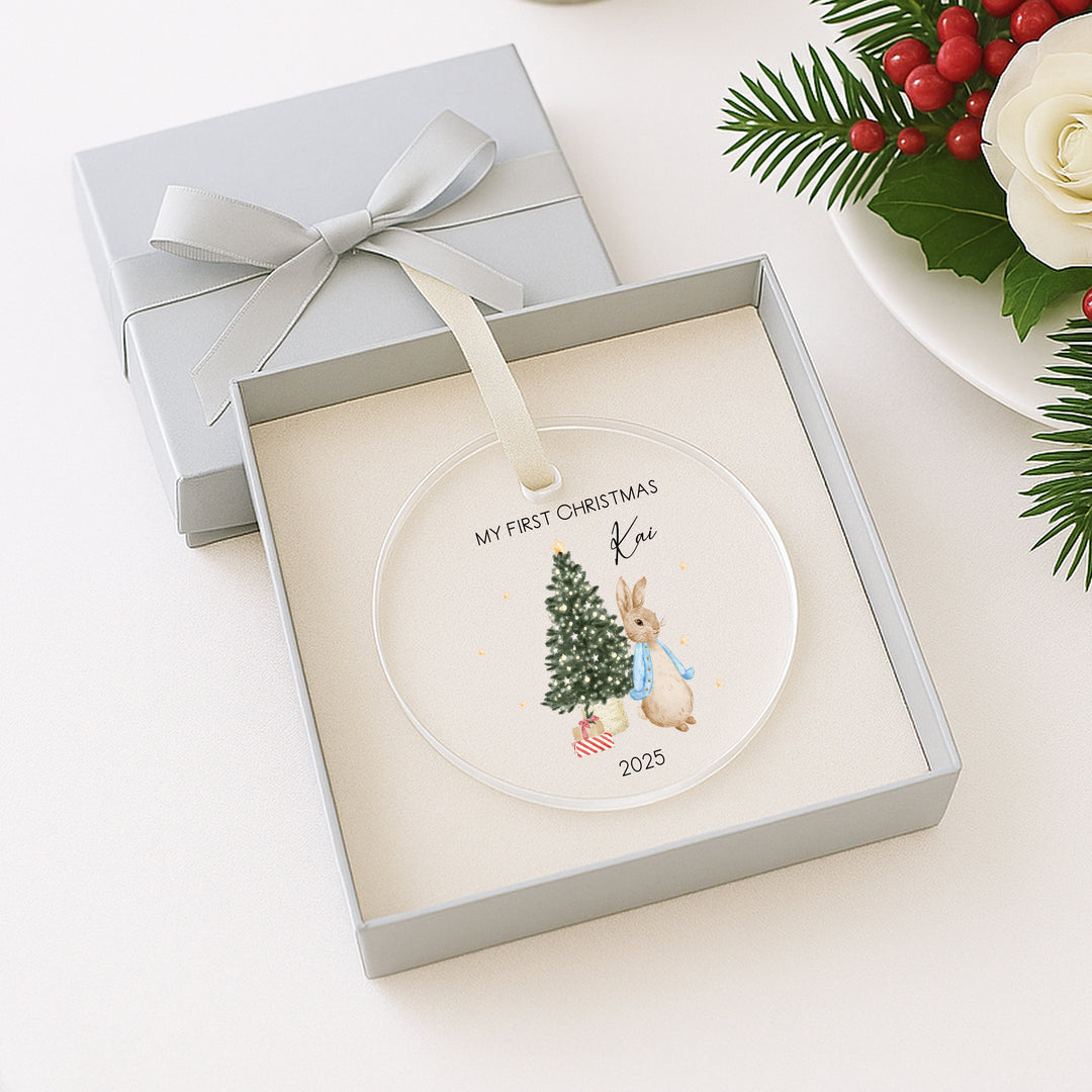 Personalised Blue Rabbit My First Christmas Acrylic Bauble