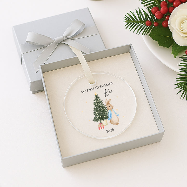 Personalised Blue Rabbit My First Christmas Acrylic Bauble