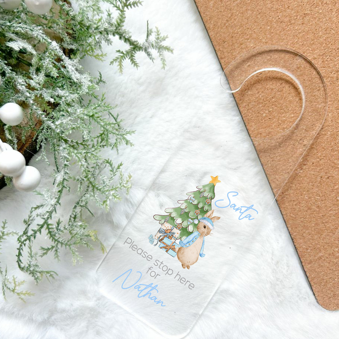 Personalised Blue Rabbit Santa Stop Here Door Sign