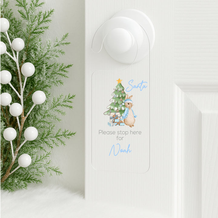 Personalised Blue Rabbit Santa Stop Here Door Sign