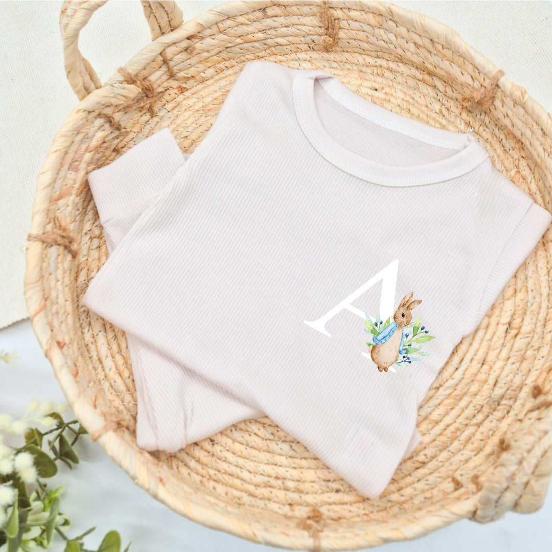 Personalised Blue Rabbit Initial Ribbed Loungewear