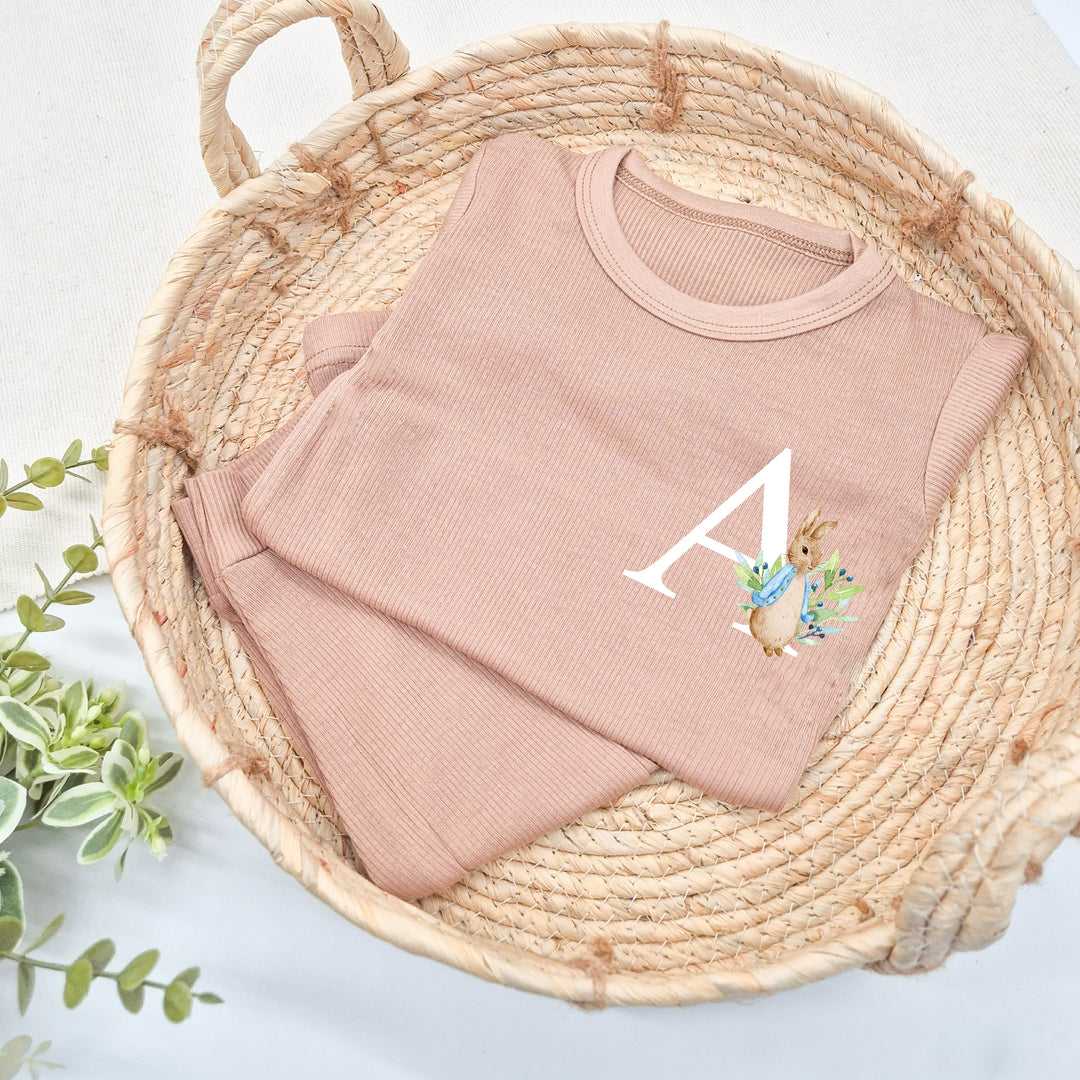 Personalised Blue Rabbit Initial Ribbed Loungewear