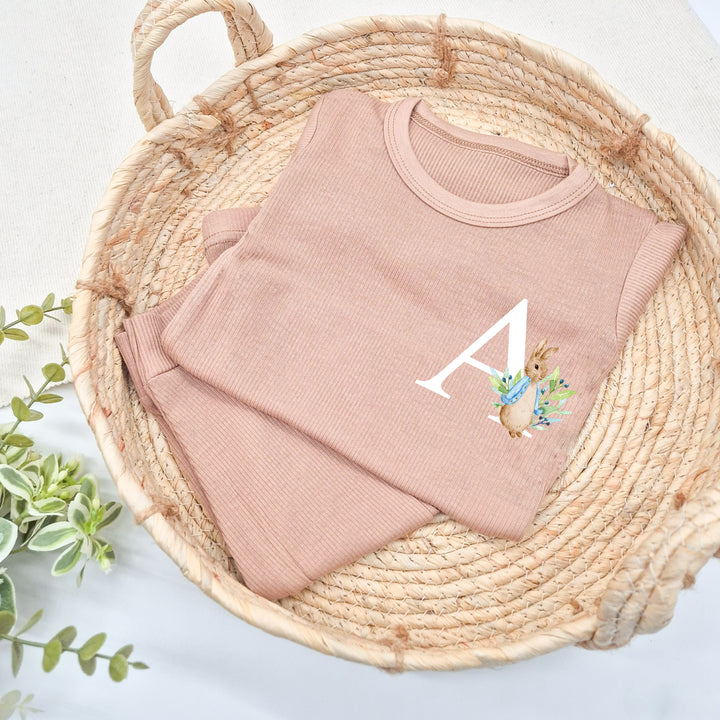 Personalised Blue Rabbit Initial Ribbed Loungewear