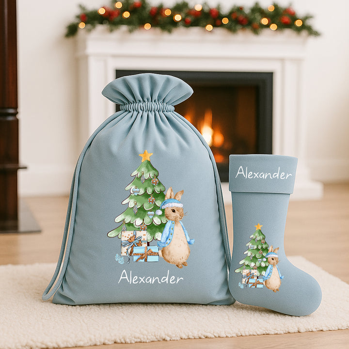 Personalised Blue Rabbit Christmas Stocking or Santa Sack