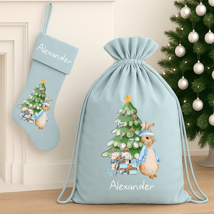Personalised Blue Rabbit Christmas Stocking or Santa Sack