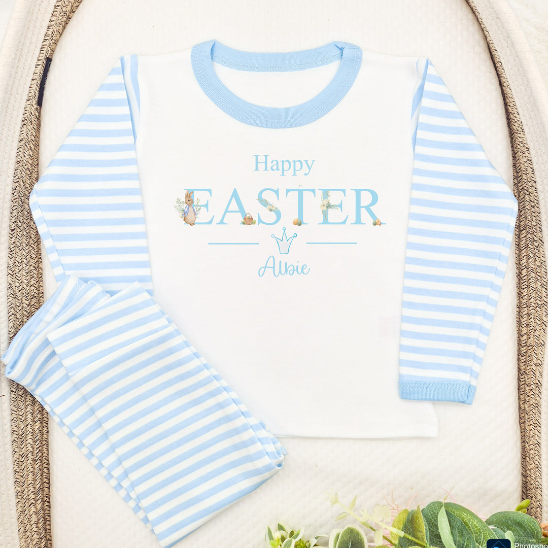 Peronalised blue striped happy easter pyjamas saying 'Happy Easter Albie' This design features a rabbit wearing a blue jacket