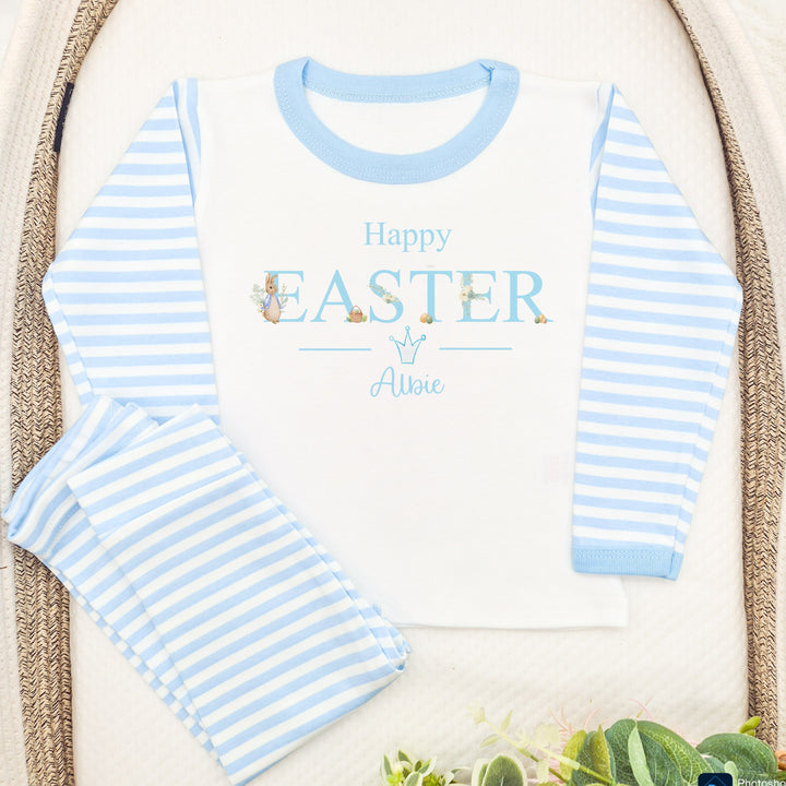 Peronalised blue striped happy easter pyjamas saying 'Happy Easter Albie' This design features a rabbit wearing a blue jacket