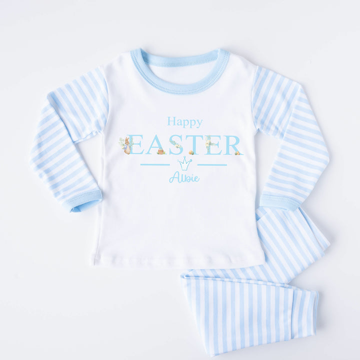 Peronalised blue striped happy easter pyjamas saying 'Happy Easter Albie' This design features a rabbit wearing a blue jacket