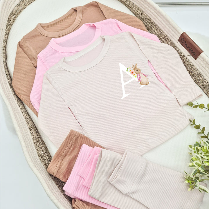 Personalised Pink Rabbit Initial Ribbed Loungewear