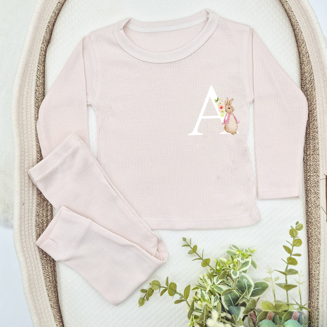 Personalised Pink Rabbit Initial Ribbed Loungewear