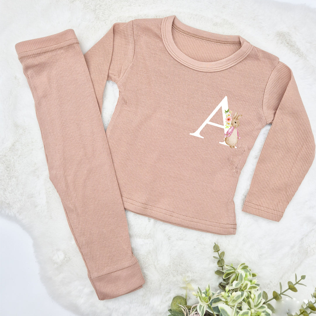 Personalised Pink Rabbit Initial Ribbed Loungewear