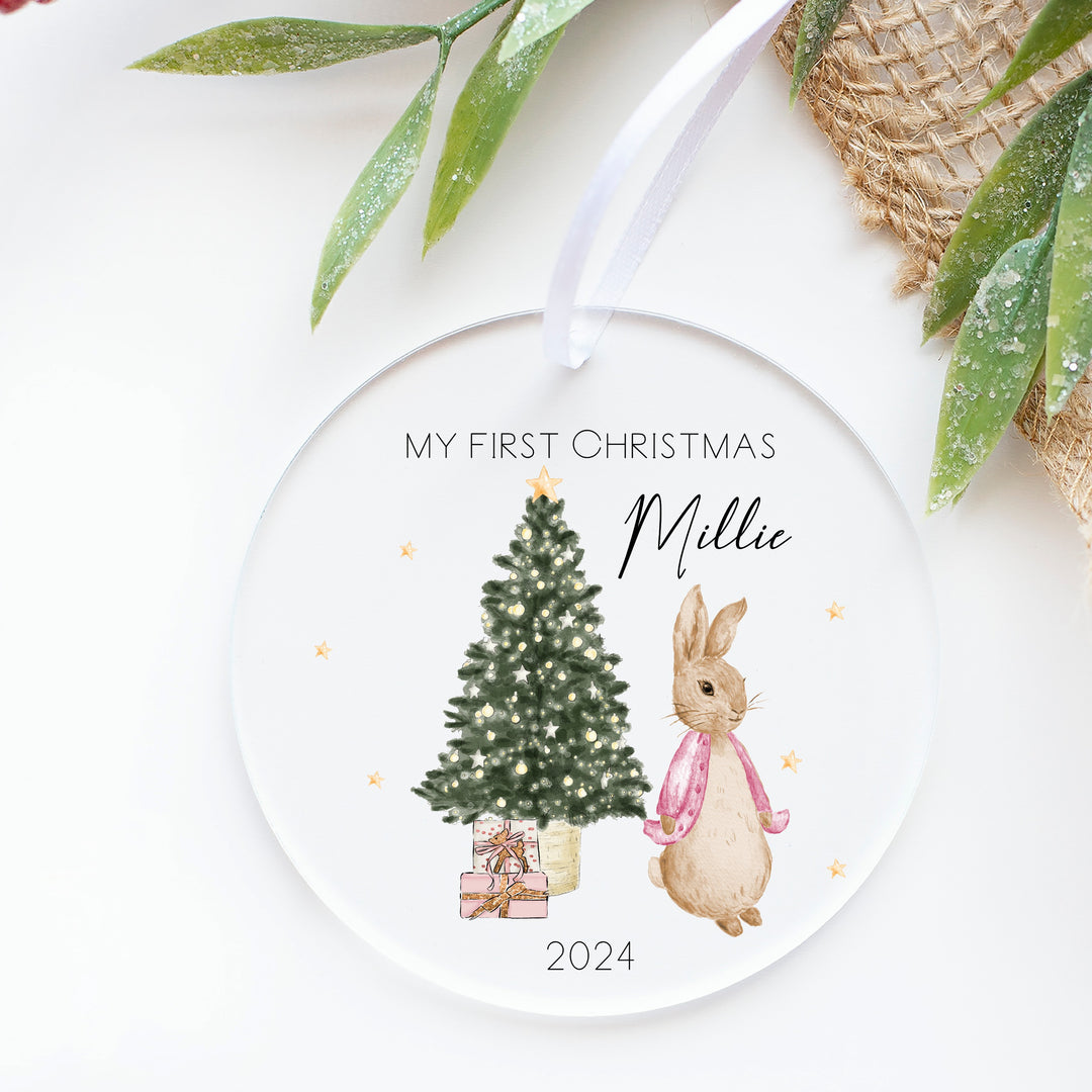 Personalised Pink Rabbit My First Christmas Acrylic Bauble
