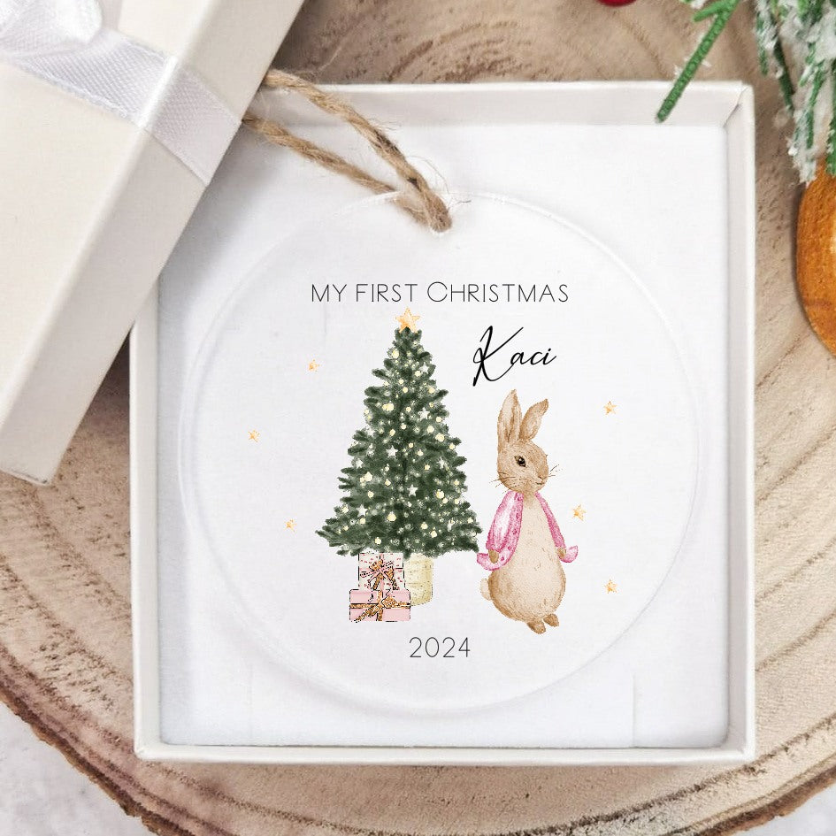 Personalised Pink Rabbit My First Christmas Acrylic Bauble